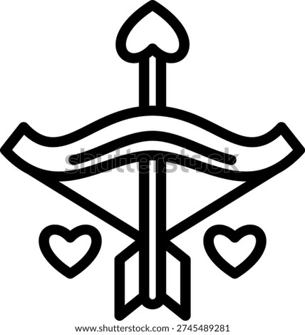 Cupid's signature bow and arrow icon complete with heart ornament details for a love mythology theme or Valentine's Day campaign