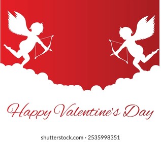 Cupids Silhouettes in the Clouds with Valentine_s Day Greeting. International winter holiday vector illustration. Day of love and friendship celebration.