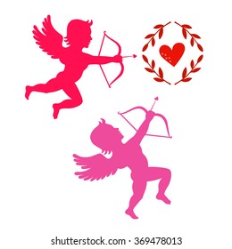 Cupids take aim isolated on white, vector illustration