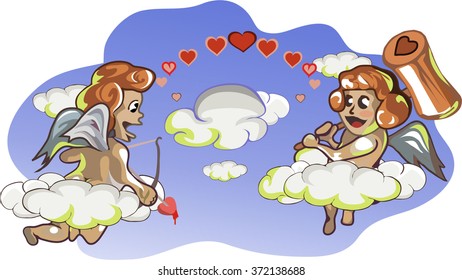 cupids for Valentine's day flying in the clouds