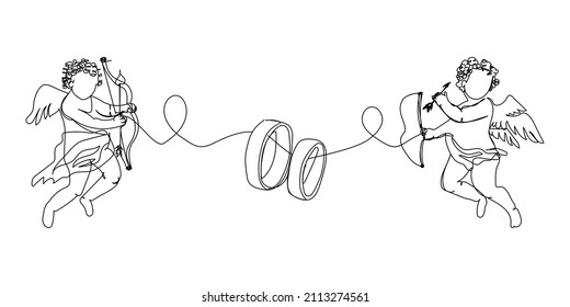 Cupids and wedding rings one line art. Continuous line drawing of love, angels, rings, marriage, union of hearts, arrows, feelings.