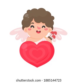 A cupik holding a wooden bow and heart-shaped darts for Valentine's Day firing.