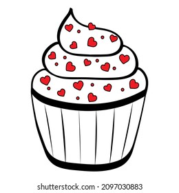 Cupkace docorated with sprinkles of red hearts. Valentine's day hand drawn vector illustration 