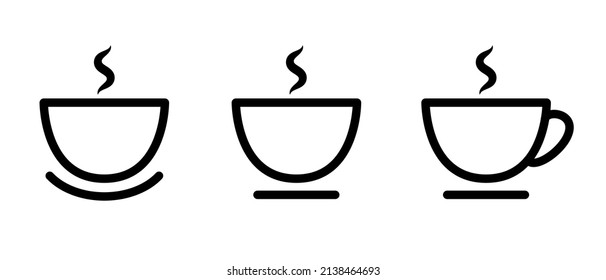 Cuppa. Set of black icons of tea or coffee cups. Hot drink with steam. Vector clipart isolated on white background.
