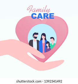 Cupped Hand Palm Heart Family Care Vector Illustration. Father Mother Daughter Son Relationship Medical Insurance Parent Protection Children Security Family Values Safety Love Support