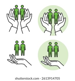 Cupped Hand Vector – Support and Care Icons. A simple cupped hand illustration symbolizing protection and care. Includes icons like hearts, coins, and houses. Great for logos, ads, and websites.
