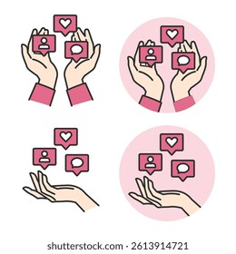 Cupped Hand Vector – Support and Care Icons. A simple cupped hand illustration symbolizing protection and care. Includes icons like hearts, coins, and houses. Great for logos, ads, and websites.