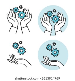 Cupped Hand Vector – Support and Care Icons. A simple cupped hand illustration symbolizing protection and care. Includes icons like hearts, coins, and houses. Great for logos, ads, and websites.