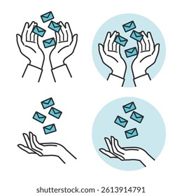 Cupped Hand Vector – Support and Care Icons. A simple cupped hand illustration symbolizing protection and care. Includes icons like hearts, coins, and houses. Great for logos, ads, and websites.
