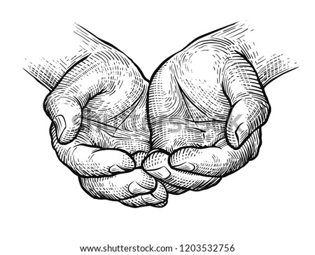 Cupped hands, folded arms sketch. Vintage vector illustration