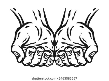 Gesto de manos recortadas, boceto de brazos doblados. Ilustración vectorial de Antiguas
