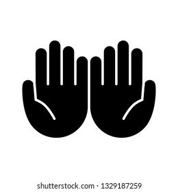 Cupped hands glyph icon. Silhouette symbol. Palms up together emoji. Begging gesturing. Islam praying hands. Negative space. Vector isolated illustration