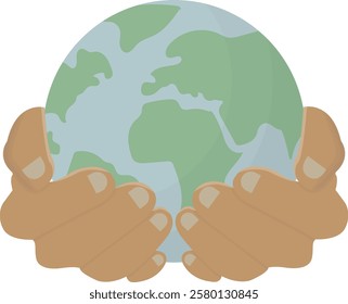 Cupped Hands Holding Earth Globe isolated on transparent background. Environmental Protection. Global environmental stewardship and care. Earth day concept. Save nature. Flat style.Vector illustration