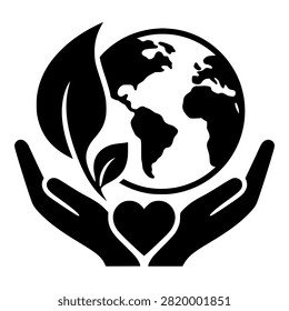 Cupped Hands Holding Earth Globe with Leaves and Heart, Black Silhouette for Sustainability and Environmental Care Branding