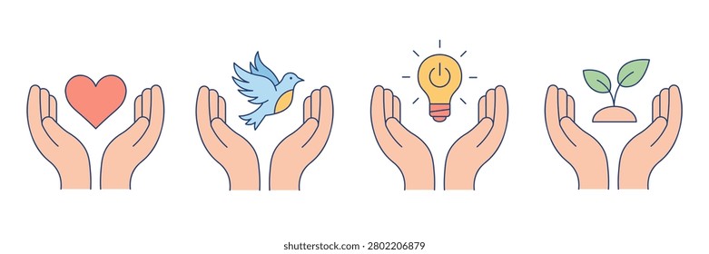 Cupped hands holding heart dove bird lightbulb and growing plant concept icons set for charity hope innovation and environment corporate social responsibility