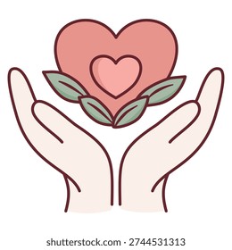 Cupped hands holding heart with green leaves pink icon graphic