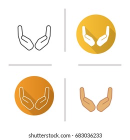 Cupped hands icon. Flat design, linear and color styles. Isolated vector illustrations
