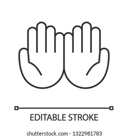 Cupped hands linear icon. Thin line illustration. Palms up together emoji. Begging gesturing. Islam praying hands. Contour symbol. Vector isolated outline drawing. Editable stroke
