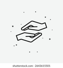 Mãos Cupped, Um Sobrepondo Outro, com Estrelas Espalhadas, Representando Cuidado ou Proteção, Branco Ícone de Contorno