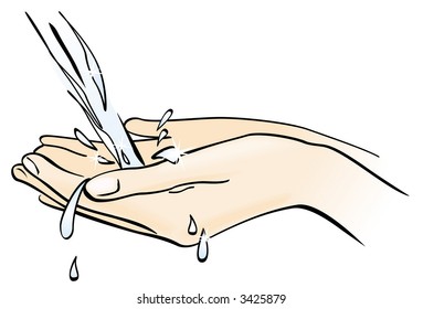 Cupped hands, water falling into. Hygiene and health. Vector illustration