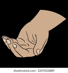 Cupped human hand. Empty palm with bent fingers. Begging gesture. Cartoon style. On black background.
