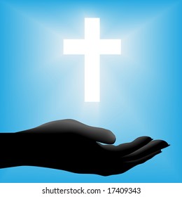 A cupped silhouette hand is held out beneath radiant glowing white cross on a blue background.