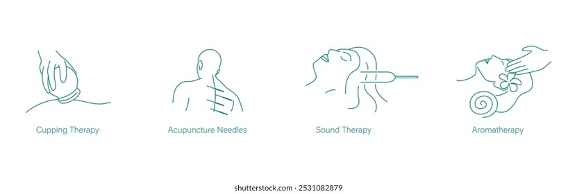 Cupping Therapy, Acupuncture, Sound Treatment, and Aromatherapy Vector Icons for Holistic Healing