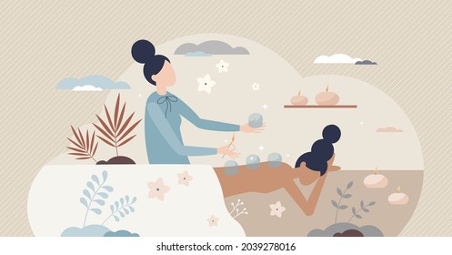 Cupping treatment SPA as vacuum therapy for back pain tiny person concept. Alternative medicine and acupressure rehabilitation method for wellness, recreation and backache recovery vector illustration