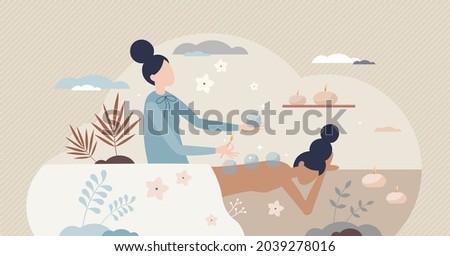 Cupping treatment SPA as vacuum therapy for back pain tiny person concept. Alternative medicine and acupressure rehabilitation method for wellness, recreation and backache recovery vector illustration