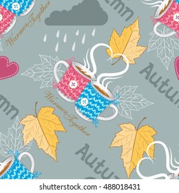 Cups Autumn ceamless pattern. Romantic background. Autumn leaves wallpaper