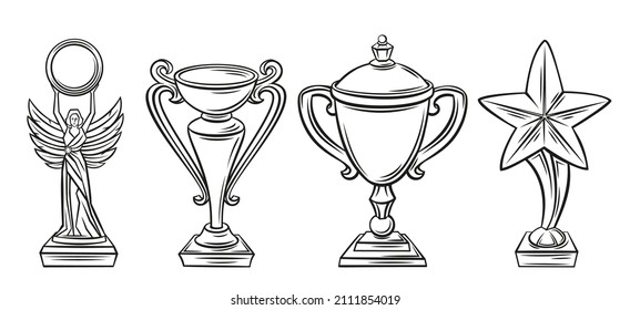 Cups award outline icons set. First place winner, trophy cup, sport award and goblet. Drawn monochrome cup statue high chalice first place. Vector illustration.