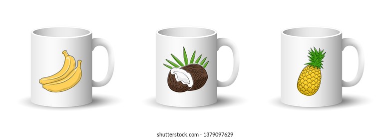 Cups with Banana, Coconut and Pineapple , Front View on Mugs with Tropical Fruit Isolated on a White Background, Vector Illustration