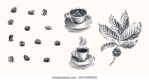 Cups beans and coffee plant Engraving illustration premium