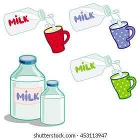 Cups and bottles of milk. Vector clip art.