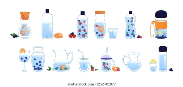 Cups and bottles of water with fruit vector illustrations set. Cold water drinks or juice with citrus fruits or berries, natural lemonade in jars on white background. Summer, beverage, health concept