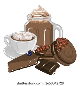 Cups of cacao or coffee with marshmallows and whipped cream surrounded by different chocolate desserts. Vector food art