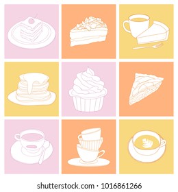 Cups and cakes contour illustrations set. Hand drawn sweets and coffee elements. Cheesecake, pancakes, cupcake, latte and cappuccino vector
