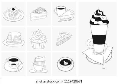 Cups and cakes contour illustrations set. Hand drawn sweets and coffee elements. Cheesecake, pancakes, cupcake, latte and cappuccino vector