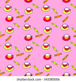 cups and candy hand-drawn, seamless pattern