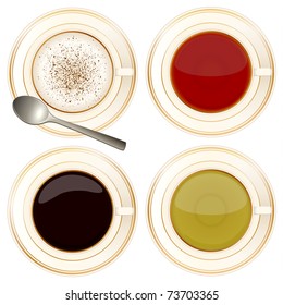 	Cups of cappuccino, black and green tea, black coffee - vector (no gradient mesh)