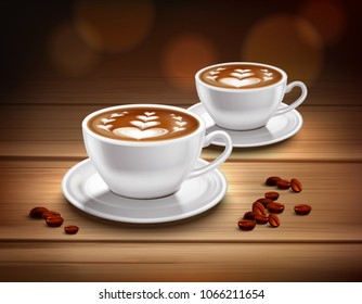 Cups of cappuccino coffee composition with hearts picture and coffee beans realistic vector illustration