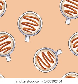 Cups of cappuccino coffee. Hand drawn cute cartoon mugs seamless pattern. Texture background
