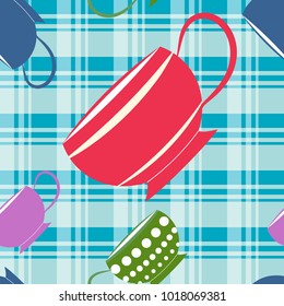 Cups and checkered background seamless pattern. Vector illustration. Eps 10