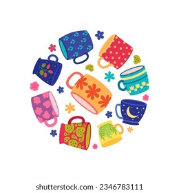 Cups in circle shape. Round background with stylized colored decorated cups. Vector template