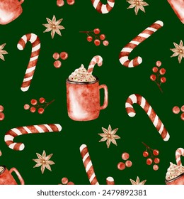 Cups of cocoa, candy canes, hand drawn Christmas seamless pattern background