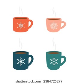 Cups of cocoa with steam and with snowflakes, set on white background
