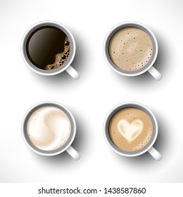 Cups of coffee assortment set. Black coffee, cappuccino, latte, espresso, macchiatto, mocha top view. Easy to edit realistic vector collection. 3d model americano in white cup isolated on white