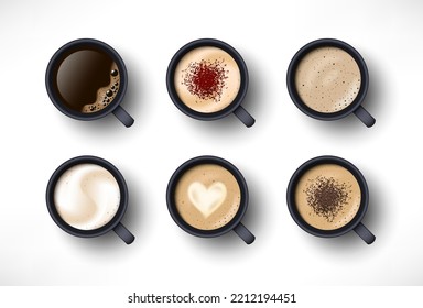 Cups of coffee assortment set. Black coffee, cappuccino, latte, espresso, macchiatto, mocha, cocoa top view. Easy to edit realistic vector collection. 3d model americano in black cup isolated on white