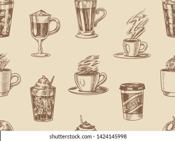 Cups of coffee background in vintage style. Seamless pattern. Take away Cappuccino and Glace, espresso and latte, mocha and Americano, frappe in a glass. Hand drawn engraved retro sketch.