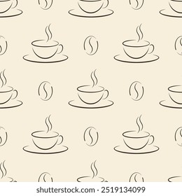 Cups of coffee and coffee beans Brown line art drawings on beige background Vector seamless pattern